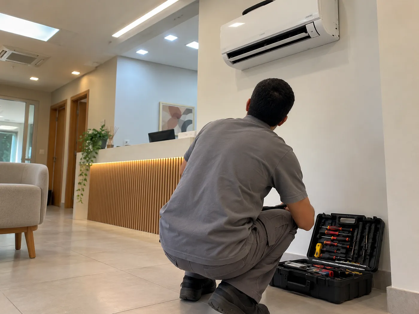 Técnico executando manutenção de ar-condicionado em Joinville